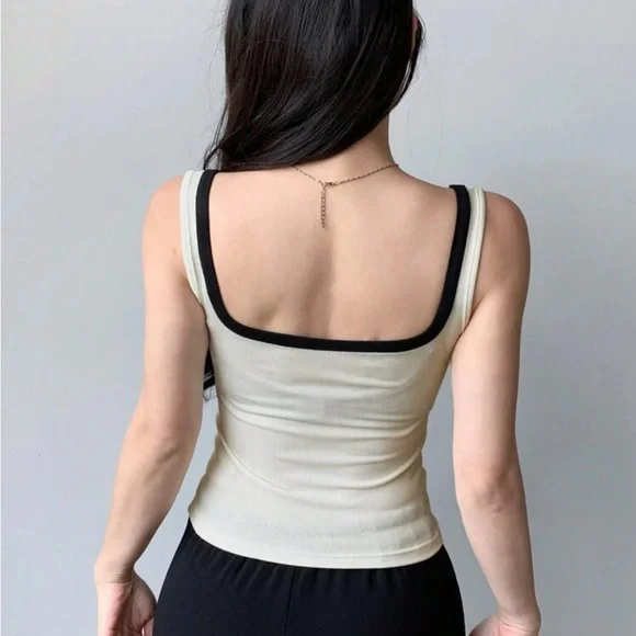 Ivory with black trim square neck stretchy fitted bodycon tank top - Picture 5 of 5